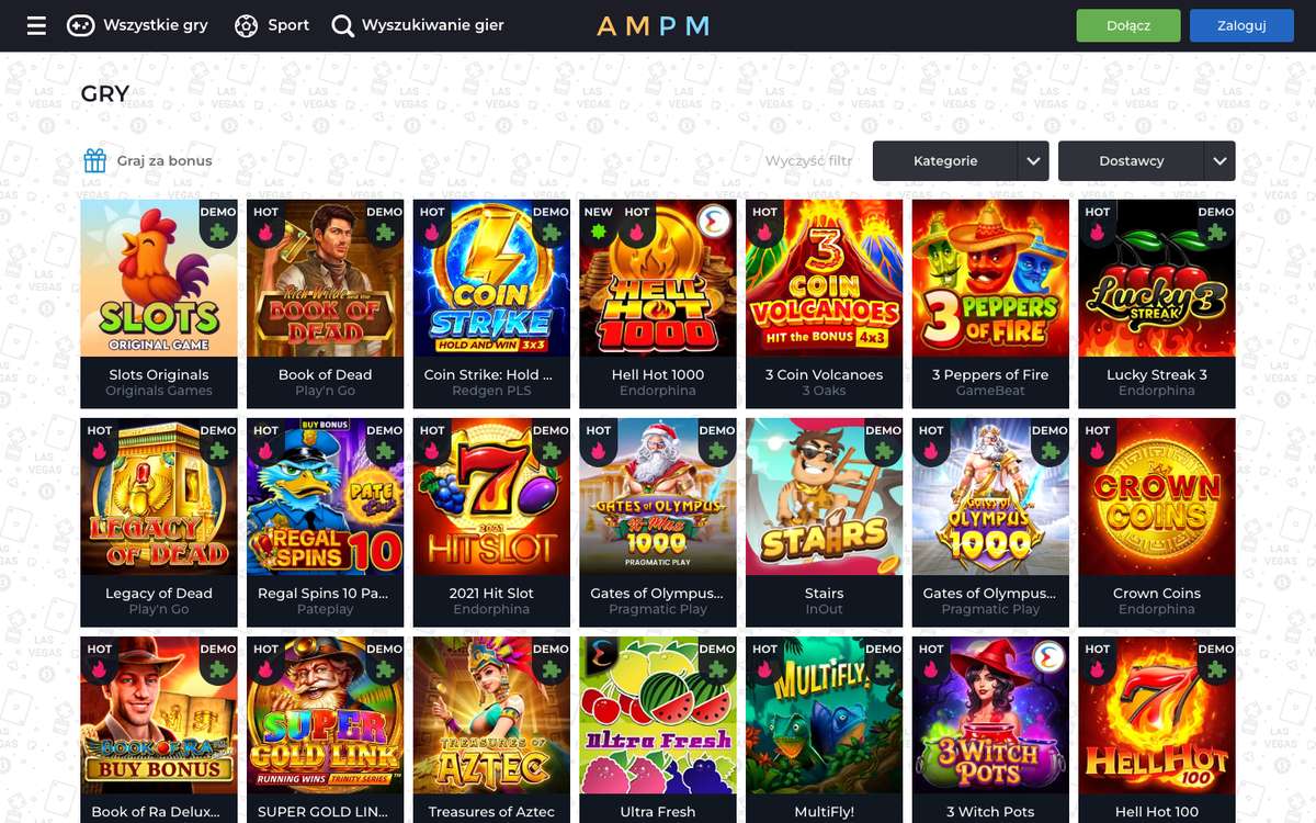 Lobby AMPM w zakładce Wszystkie gry: filtry Kategorie i Dostawcy oraz siatka slotów z Book of Dead, Coin Strike, Hell Hot 1000 i 3 Coin Volcanoes
