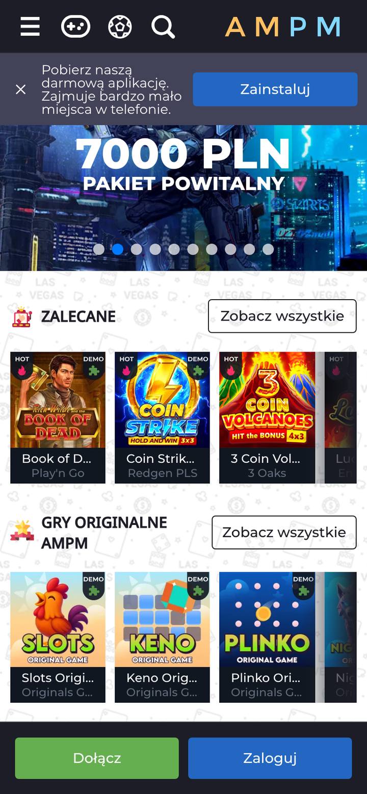 Mobilna wersja AMPM na iPhonie: pasek z ofertą instalacji aplikacji, baner 7000 PLN pakiet powitalny, rzędy Zalecane i Gry originalne AMPM, przyciski Dołącz i Zaloguj