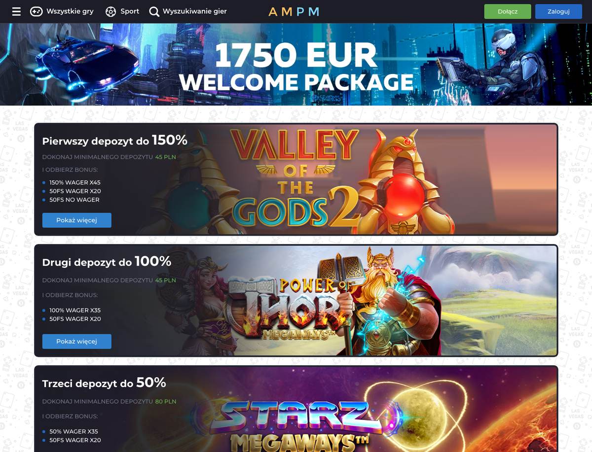 Strona Promocje AMPM: karty pierwszej, drugiej i trzeciej wpłaty – 150% wager x45, 100% i 50% wager x35 oraz 50 FS wager x20, minimalne wpłaty 45 i 80 PLN