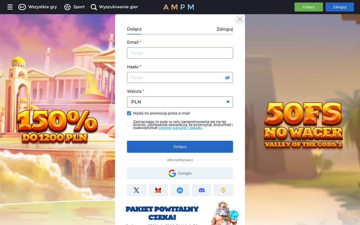 Okno rejestracji AMPM: pola Email i Hasło, waluta PLN, przycisk Dołącz, logowanie przez Google oraz grafiki 150% do 1200 PLN i 50 FS no wager