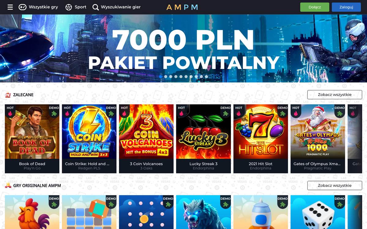 Strona główna AMPM po polsku na lustrze mpmgame3.com: baner 7000 PLN pakiet powitalny i rząd Zalecane z Book of Dead, Coin Strike i 3 Coin Volcanoes