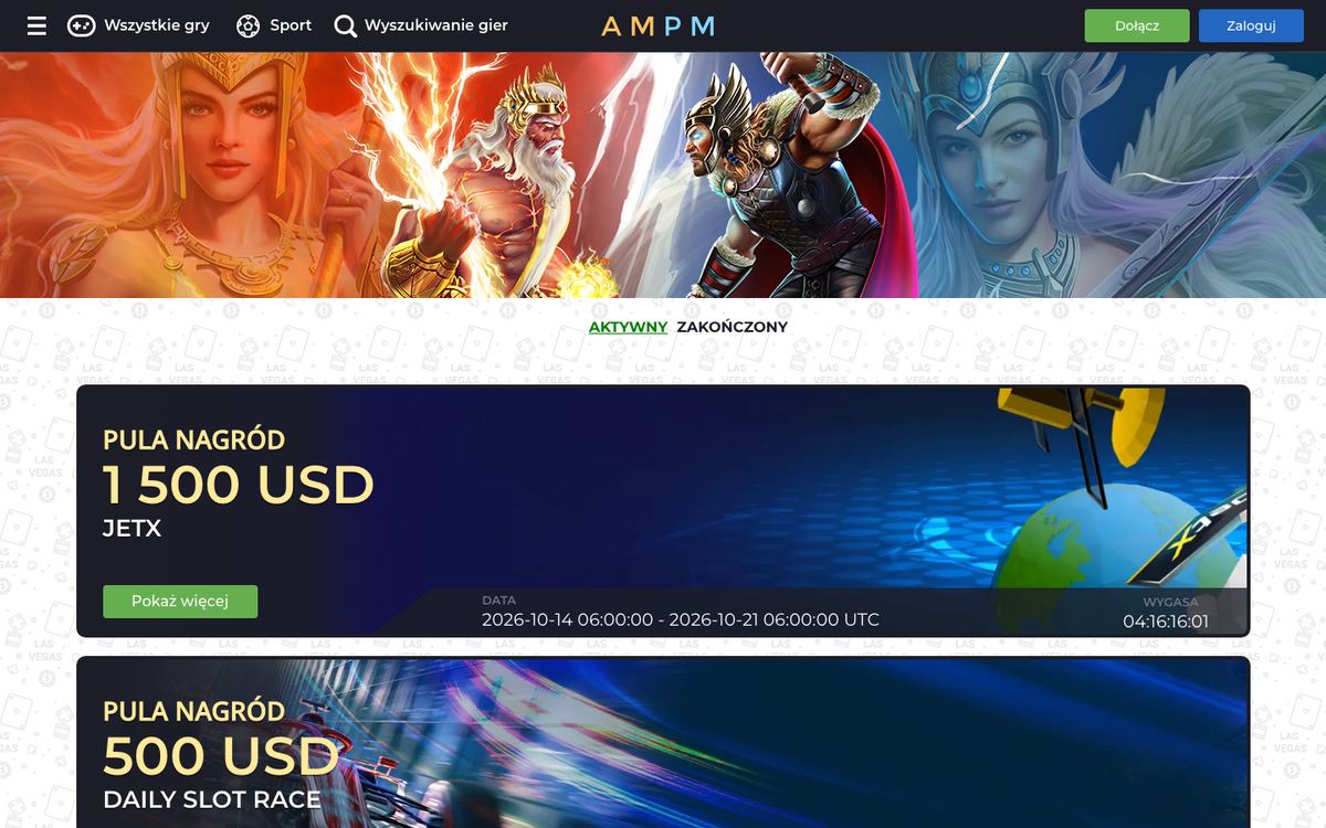Zakładka Turnieje AMPM: aktywne turnieje JetX z pulą 1 500 USD i Daily Slot Race z pulą 500 USD, z datami i licznikiem czasu