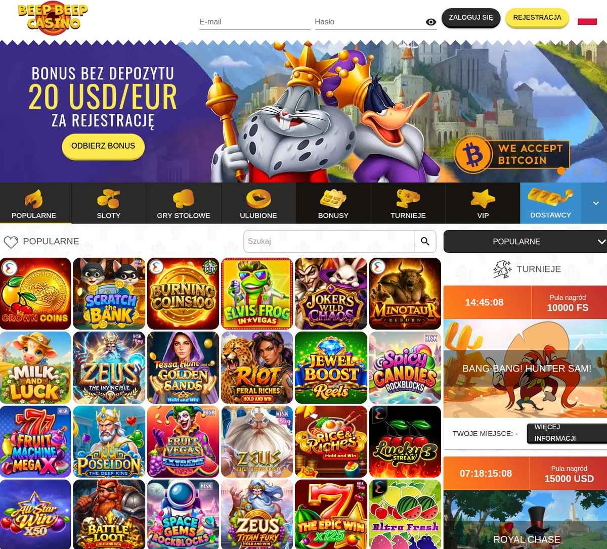 Strona główna BeepBeep Casino na komputerze z banerem „Bonus bez depozytu 20 USD/EUR za rejestrację” i siatką slotów