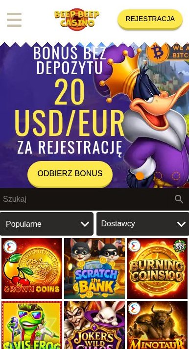 Mobilna wersja BeepBeep Casino: przycisk rejestracji, baner bonusu bez depozytu, wyszukiwarka i pierwsze kafelki gier
