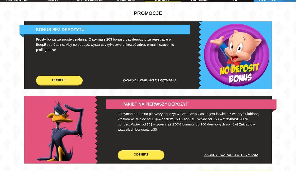 Karty promocji BeepBeep Casino: bonus bez depozytu 20 $ i pakiet na pierwszy depozyt (150/200/250% albo 100 DS)