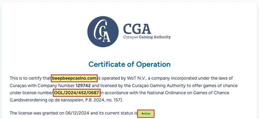 Certyfikat CGA wystawiony na beepbeepcasino.com; ramkami zaznaczono domenę beepbeepcasino.com, numer OGL/2024/452/0687 i status Active