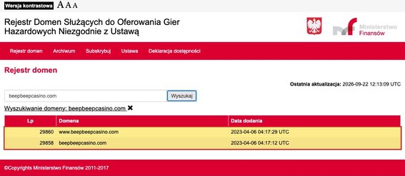 Rejestr domen MF po wpisaniu beepbeepcasino.com: Lp 29860 www.beepbeepcasino.com i Lp 29858 beepbeepcasino.com, obie dodane 2023-04-06