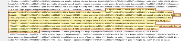 Kod strony promocji BeepBeep z zaznaczonymi warunkami pakietu: kody DUCK150–DUCK250 i DUCK100FS, obrót 30x w 5 dni, wygrana bez limitu