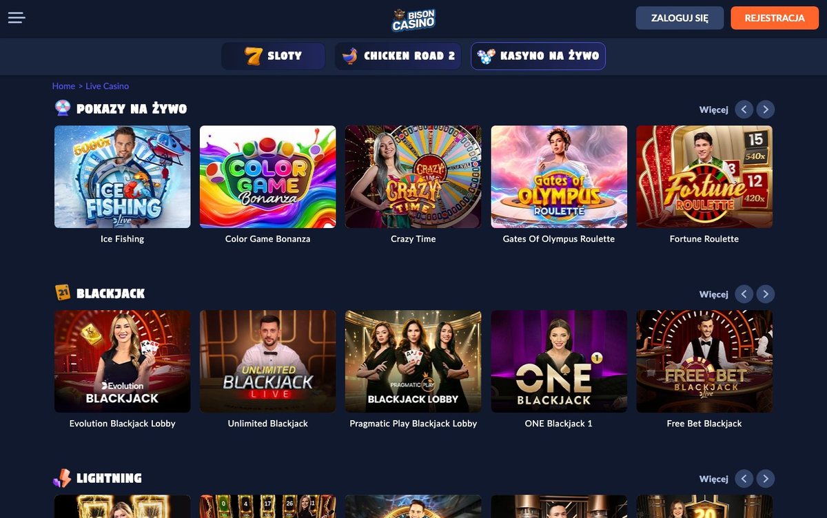 Lobby kasyna na żywo Bison Casino z grami Crazy Time, Ice Fishing i stołami blackjacka Evolution oraz Pragmatic Play