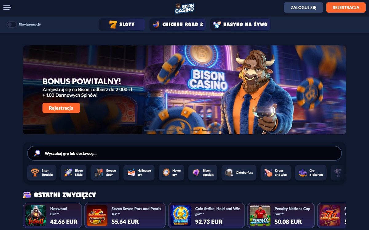 Strona główna Bison Casino po polsku: baner bonusu do 2 000 zł + 100 darmowych spinów i kategorie gier