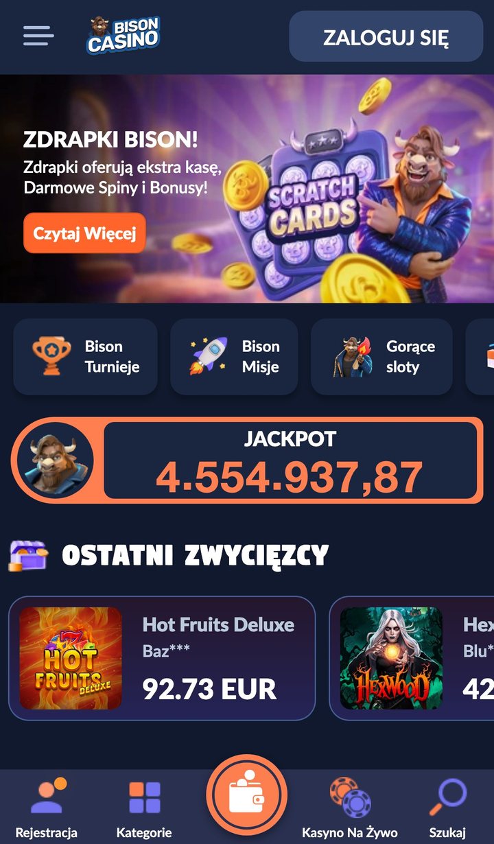 Mobilna wersja Bison Casino: baner zdrapek, kafelki turniejów i misji oraz dolne menu