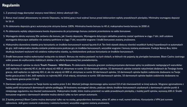 Punkty 1–10 regulaminu bonusu powitalnego Bison Casino: bonus 100% od 40 do 2000 zł, obrót 30x bonusu i depozytu w 7 dni, stawka do 8 zł
