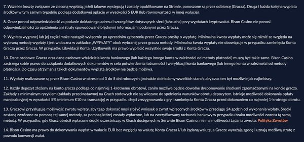 Punkty 17.7–17.14 regulaminu Bison Casino: 5 € za kolejną wypłatę w tygodniu, wypłaty w 3–5 dni roboczych, opłata 5 procent i wypłaty w euro