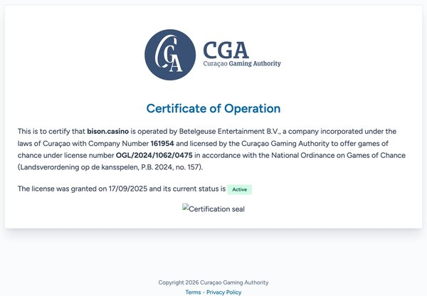 Certyfikat CGA: domena bison.casino, Betelgeuse Entertainment B.V. (161954), licencja OGL/2024/1062/0475 z 17/09/2025, status Active