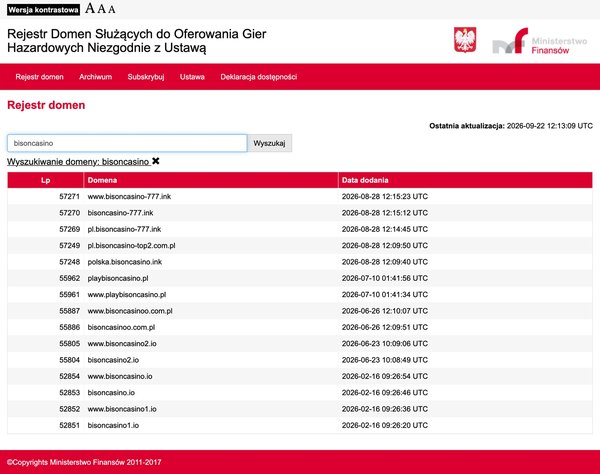 Rejestr domen MF po wpisaniu bisoncasino: bisoncasino.io i bisoncasino1.io z 16.02.2026, bisoncasino2.io z 23.06.2026 i inne adresy