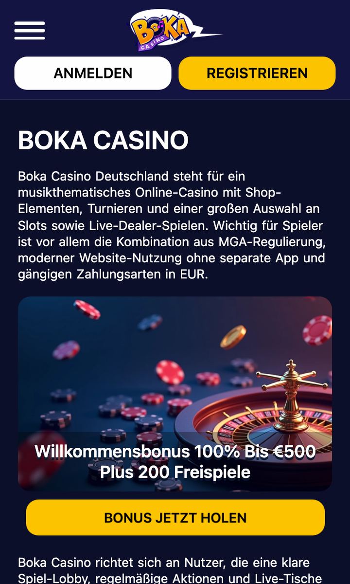 boka.casino na telefonie: logo Boka, przyciski Anmelden i Registrieren oraz baner 100% bis €500 plus 200 Freispiele