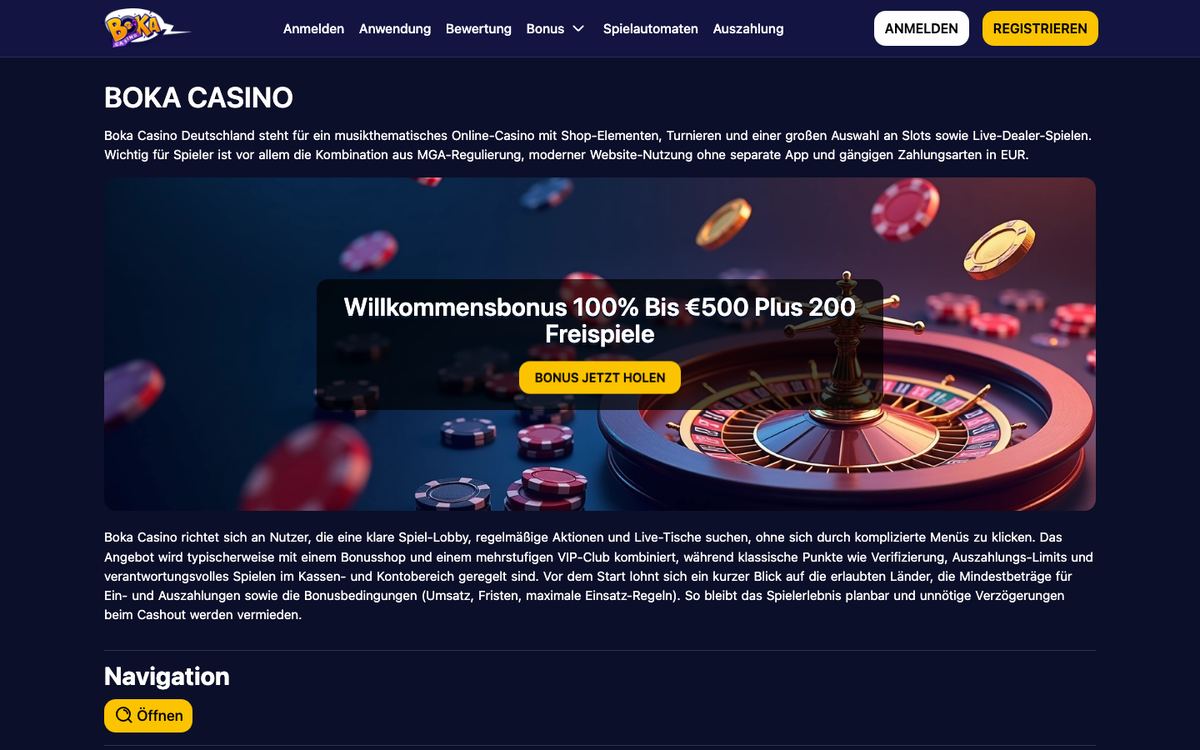Strona boka.casino na komputerze: logo Boka, niemieckie menu, przyciski Anmelden i Registrieren oraz baner Willkommensbonus 100% bis €500 plus 200 Freispiele