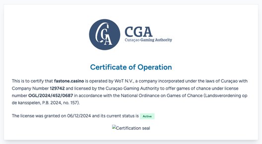 Certyfikat CGA dla fastone.casino: WoT N.V. (129742), licencja OGL/2024/452/0687 nadana 06/12/2024, status Active