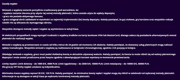 Zasady wypłat FastOne: ta sama metoda co wpłata, obrót 3x bez gier stołowych, limity 4000, 10 000 i 40 000 PLN, minimum 120 PLN