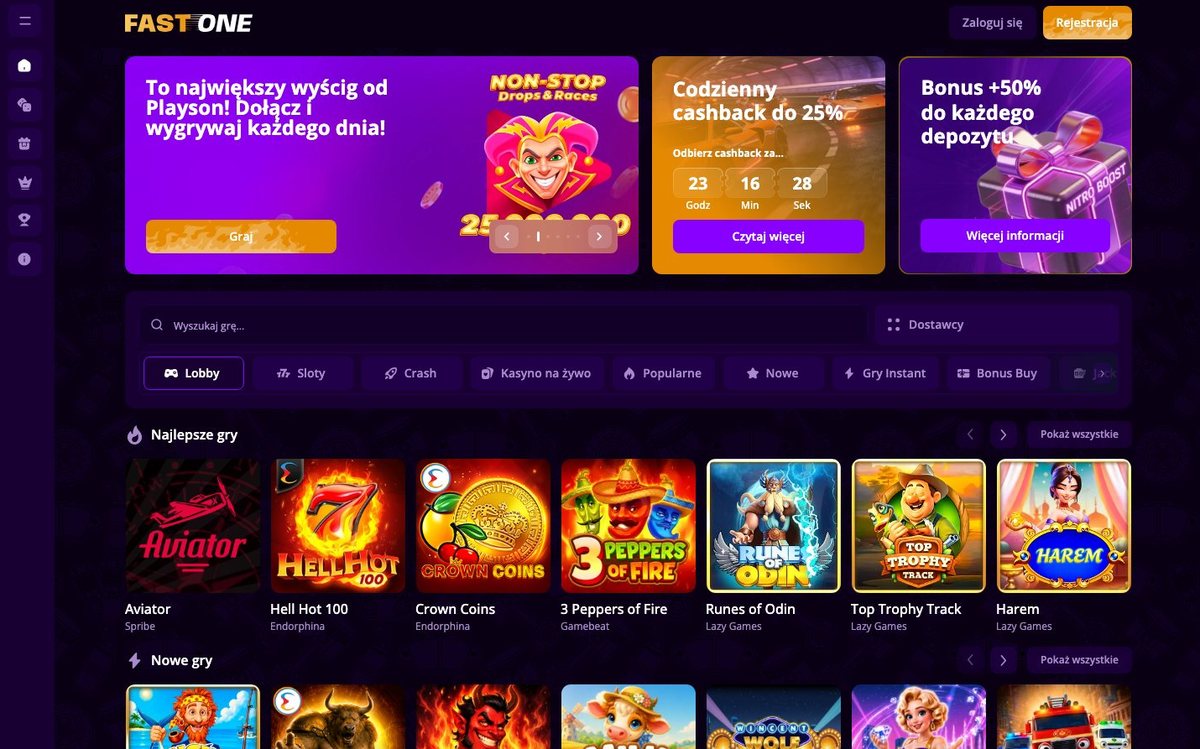 Lobby FastOne Casino na komputerze: banery cashbacku do 25% i bonusu +50% oraz kategorie gier