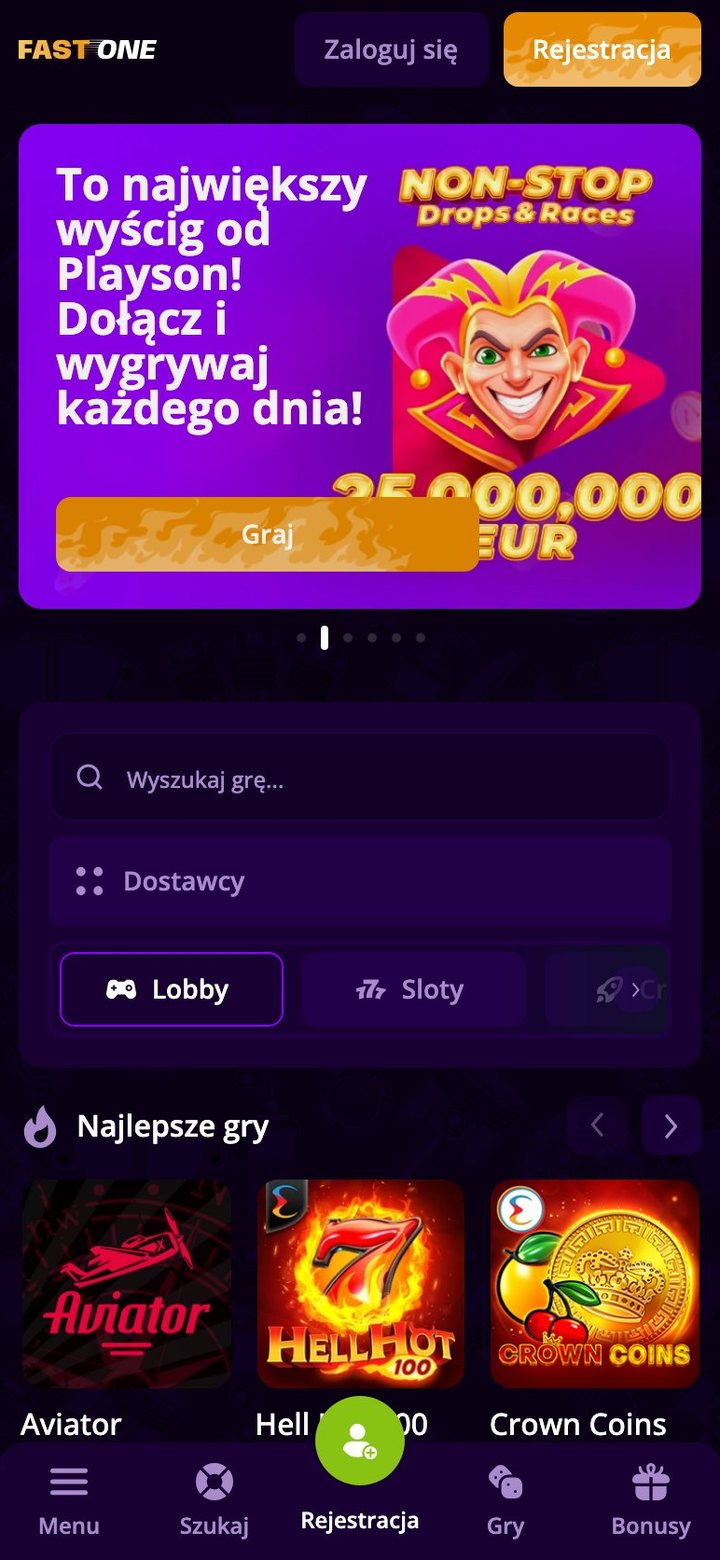 Mobilna wersja FastOne Casino: baner turnieju, wyszukiwarka gier i dolny pasek nawigacji