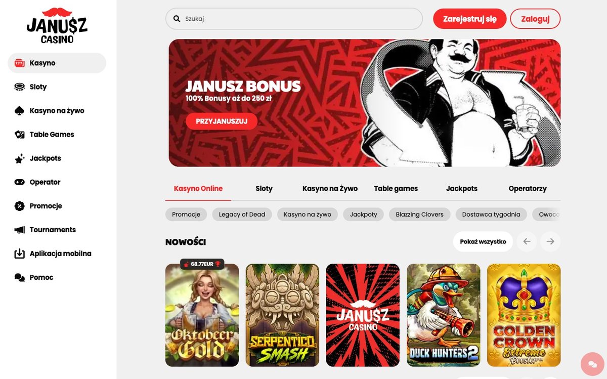 Lobby Janusz Casino w wersji na komputer