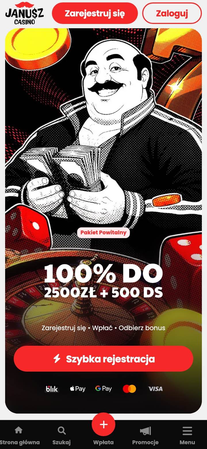 Janusz Casino na telefonie z ikonami płatności BLIK