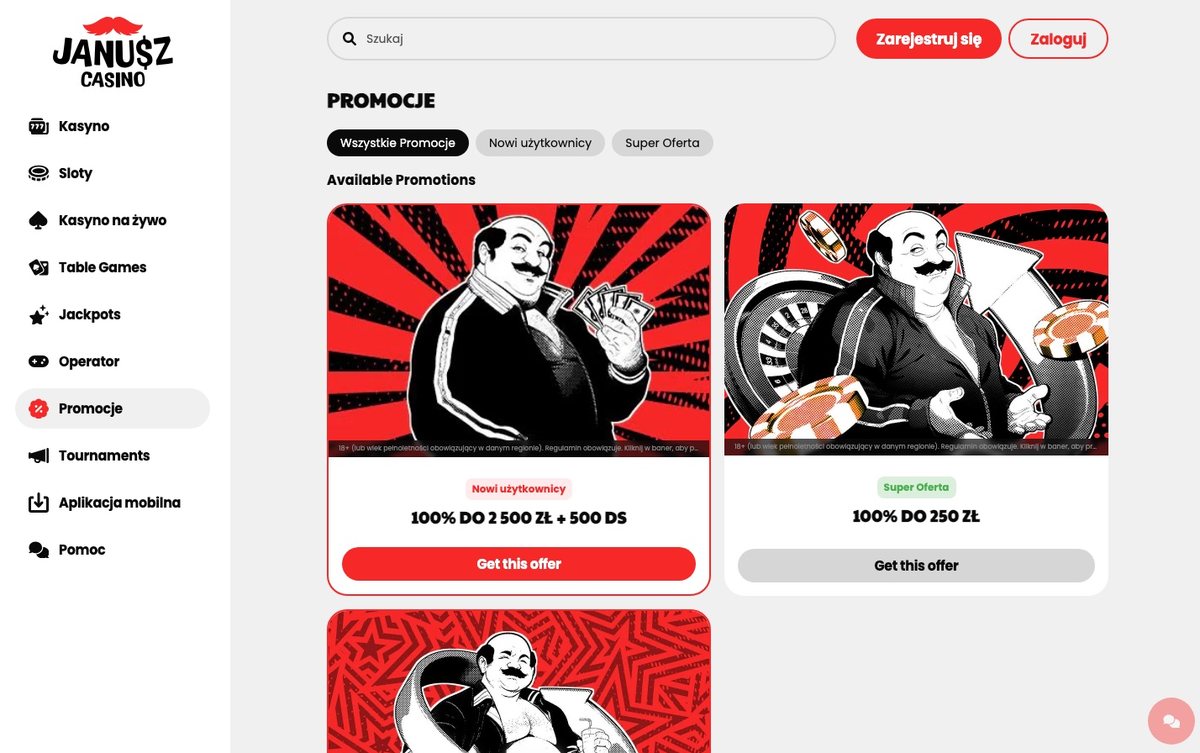 Promocje Janusz Casino: 100% do 2 500 zł + do 500 DS
