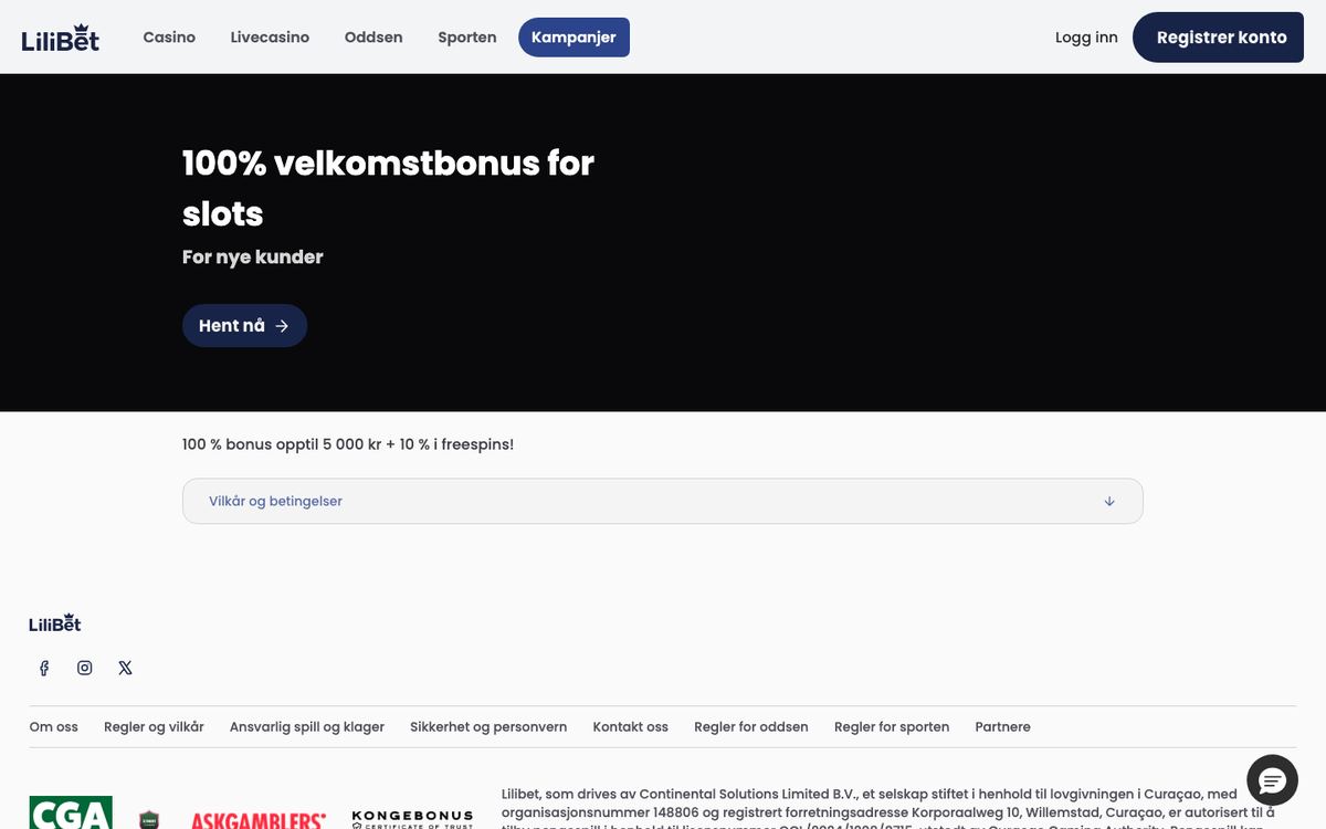 Strona kampanii 100% velkomstbonus for slots w Lilibet: opis 100 % bonus opptil 5 000 kr + 10 % i freespins, przycisk Hent nå i rozwijany regulamin