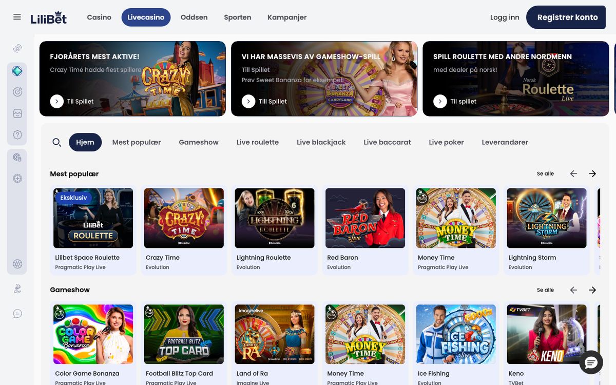 Dział Livecasino w Lilibet: banery gameshow, Norsk Roulette i Crazy Time, lista Mest populær z Lilibet Space Roulette, Crazy Time, Lightning Roulette i Money Time