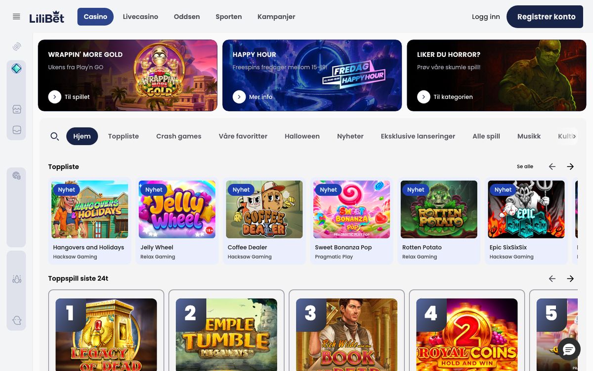 Lobby kasyna Lilibet: banery Wrappin More Gold, Happy Hour i Liker du horror, zakładki kategorii oraz lista Toppliste z grami Hacksaw Gaming, Relax Gaming i Pragmatic Play