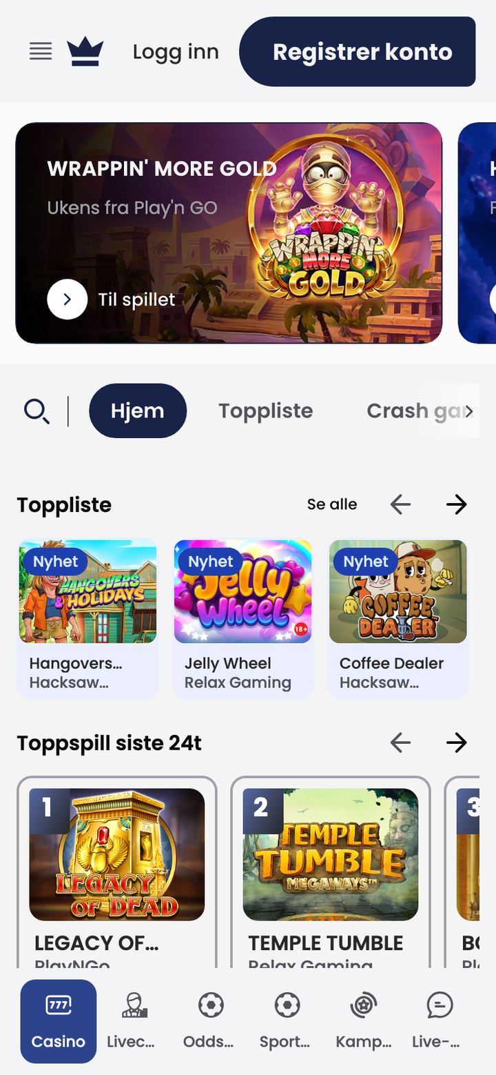 Lilibet w przeglądarce telefonu: przyciski Logg inn i Registrer konto, baner Wrappin More Gold, lista Toppliste i dolny pasek z Casino, Livecasino, Oddsen, Sporten, Kampanjer i czatem