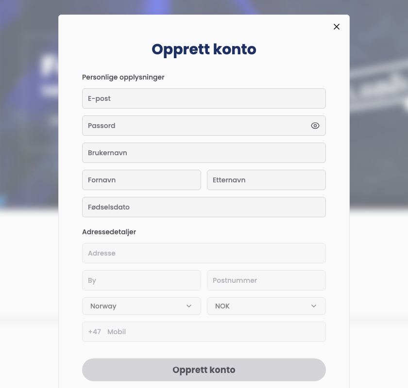 Pusty formularz Opprett konto w Lilibet: e-mail, hasło, nazwa użytkownika, imię, nazwisko, data urodzenia, adres, kraj Norway, waluta NOK i telefon z prefiksem +47