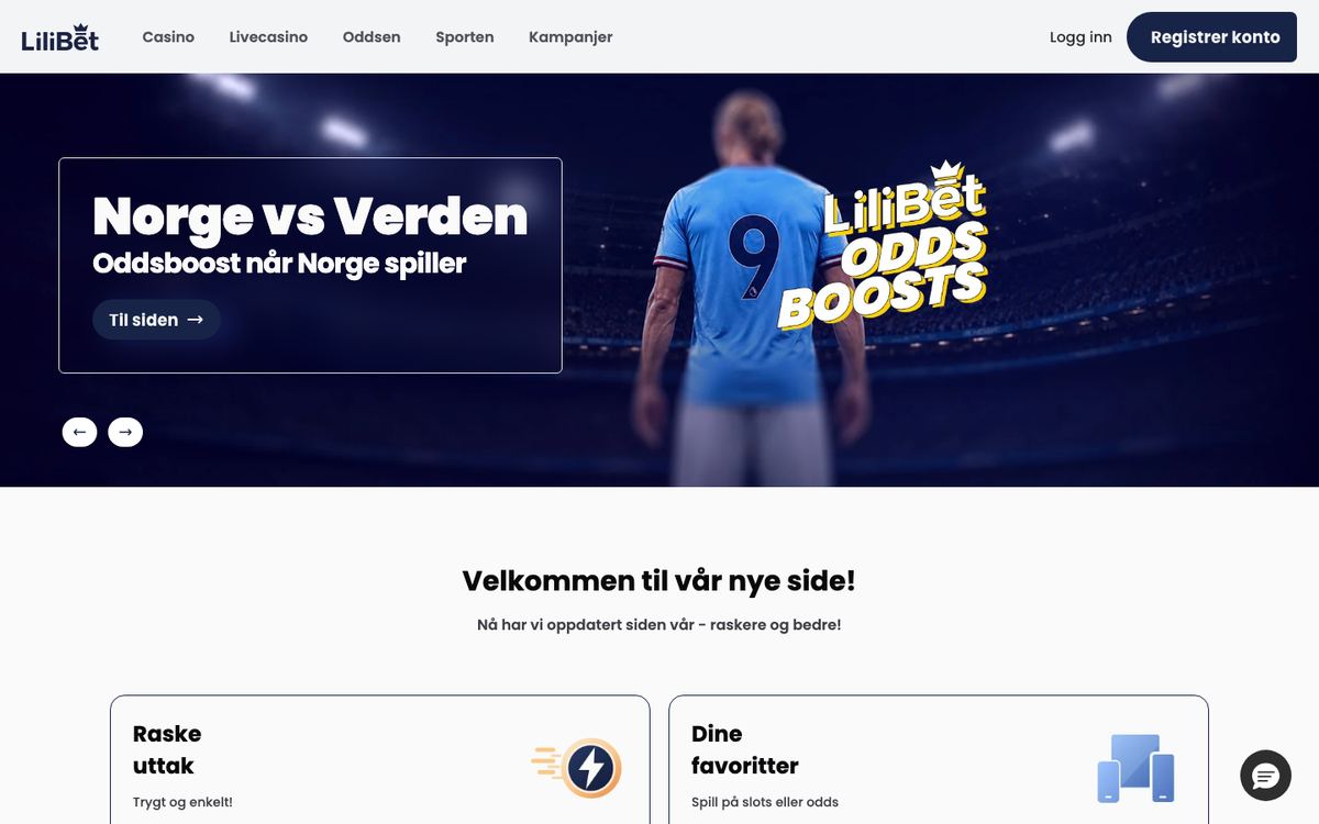 Strona główna Lilibet po norwesku: menu Casino, Livecasino, Oddsen, Sporten i Kampanjer, przycisk Registrer konto i baner Norge vs Verden z oddsboostem