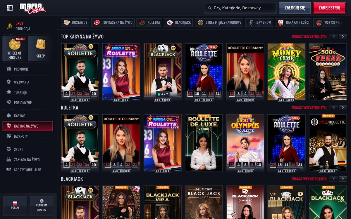 Kasyno na żywo w Mafia Casino: rzędy Top kasyna na żywo, Ruletka i Blackjack ze stołami Speed Roulette, Mega Roulette i Money Time