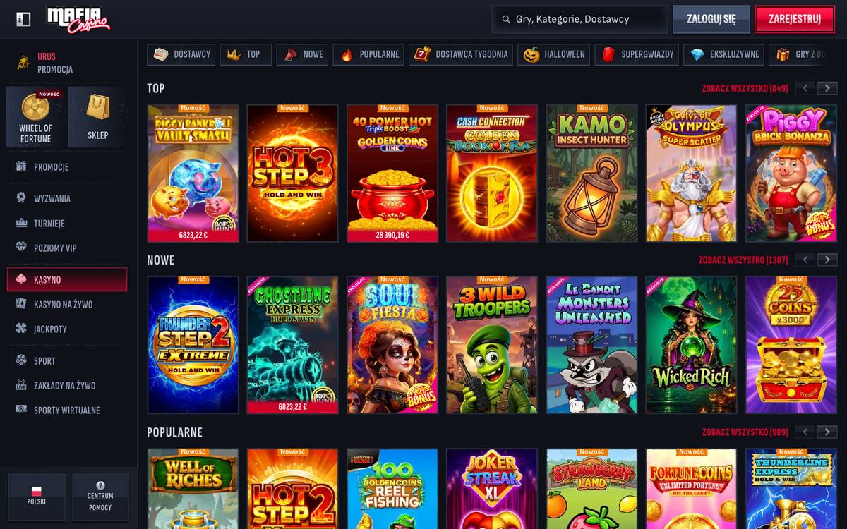 Lobby kasyna Mafia Casino: rzędy Top, Nowe i Popularne z grami Hot Step 3, Gates of Olympus Super Scatter i Wicked Rich
