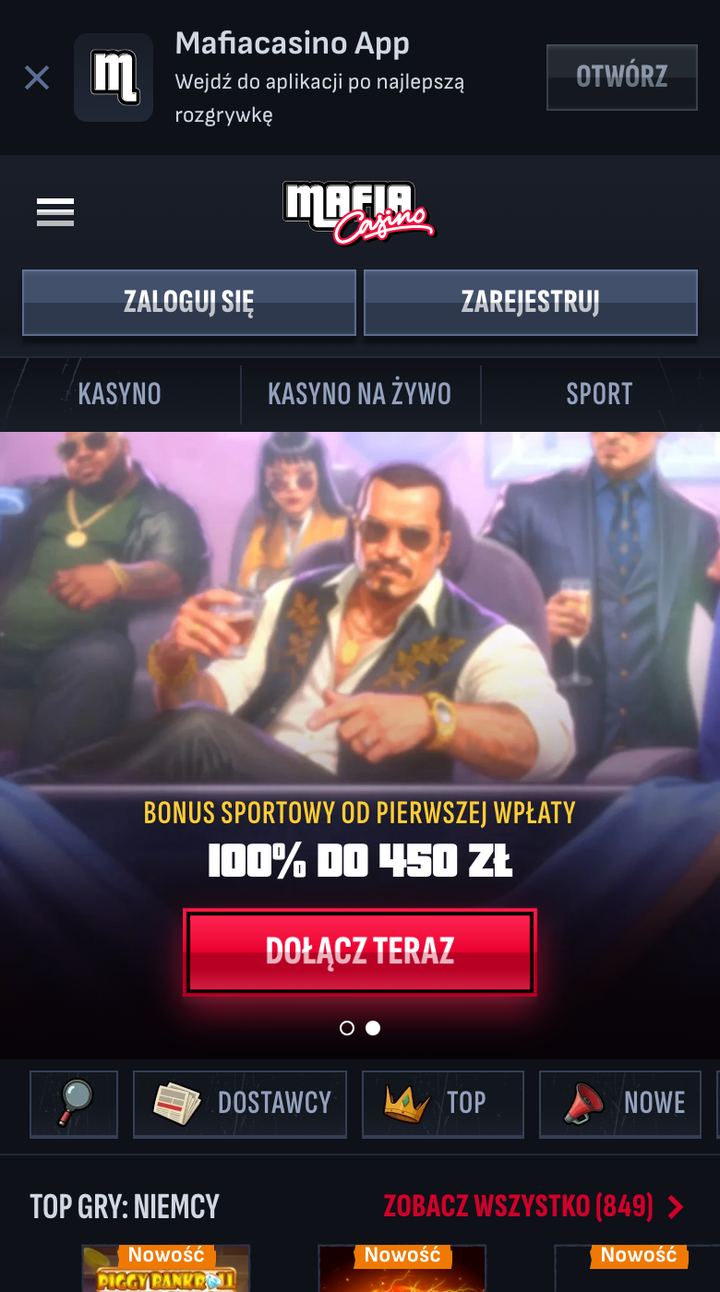 Mafia Casino na telefonie: pasek Mafiacasino App, przyciski Zaloguj się i Zarejestruj, baner bonusu i rząd Top gry