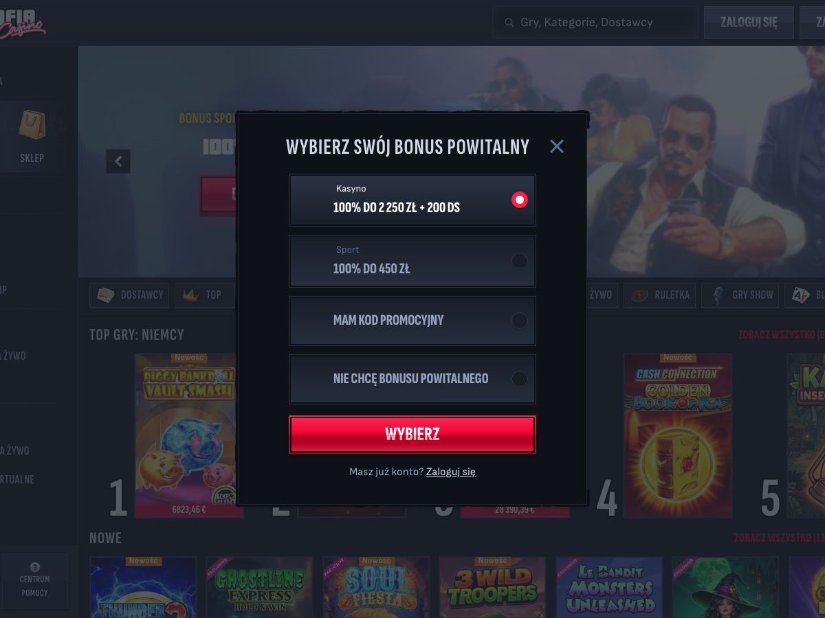 Okno rejestracji Mafia Casino: wybór bonusu – Kasyno 100% do 2 250 zł + 200 DS, Sport 100% do 450 zł, kod promocyjny lub rezygnacja