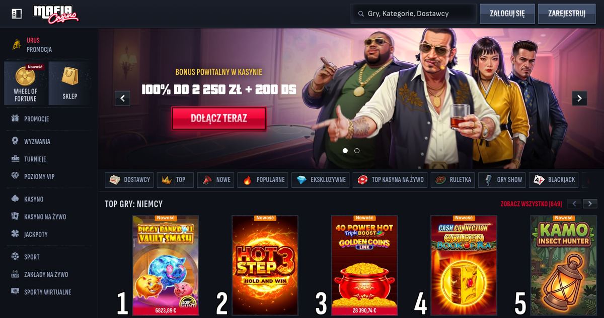 Strona główna Mafia Casino: baner bonusu powitalnego 100% do 2 250 zł + 200 DS, menu boczne i rząd Top gry