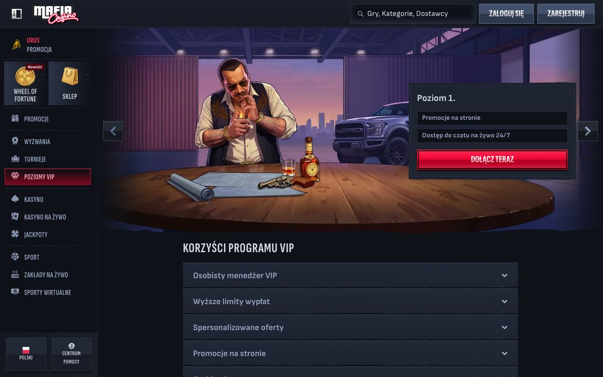 Strona poziomów VIP w Mafia Casino: pięć poziomów z korzyściami, od promocji i czatu 24/7 po osobistego menedżera VIP
