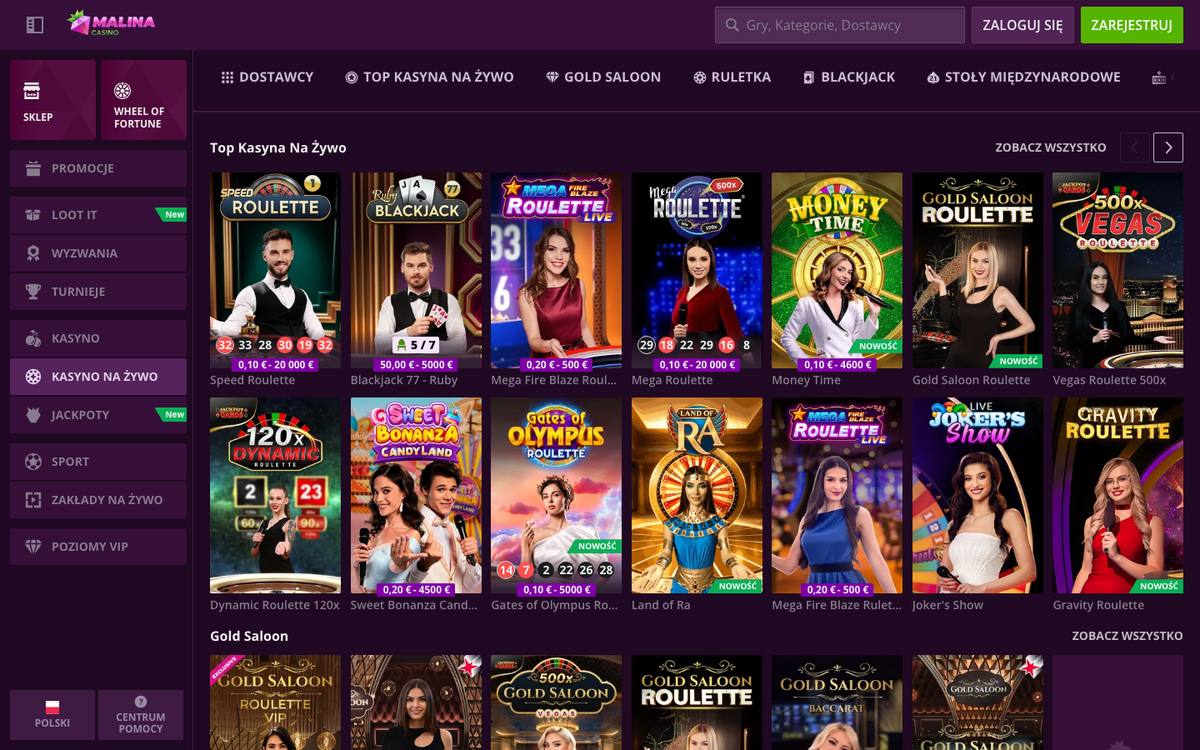 Kasyno na żywo Malina Casino: rząd Top Kasyna Na Żywo ze Speed Roulette, Blackjack 77 Ruby, Mega Fire Blaze Roulette Live, Mega Roulette, Money Time i Gold Saloon Roulette z limitami stawek w euro