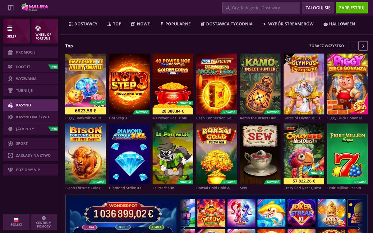 Lobby kasyna Malina Casino: pasek Dostawcy, Top, Nowe, Popularne, Dostawca tygodnia, Wybór Streamerów i Halloween, rząd Top z grami Piggy Bankroll, Hot Step 3 i Gates of Olympus Super Scatter oraz jackpot WonderPot
