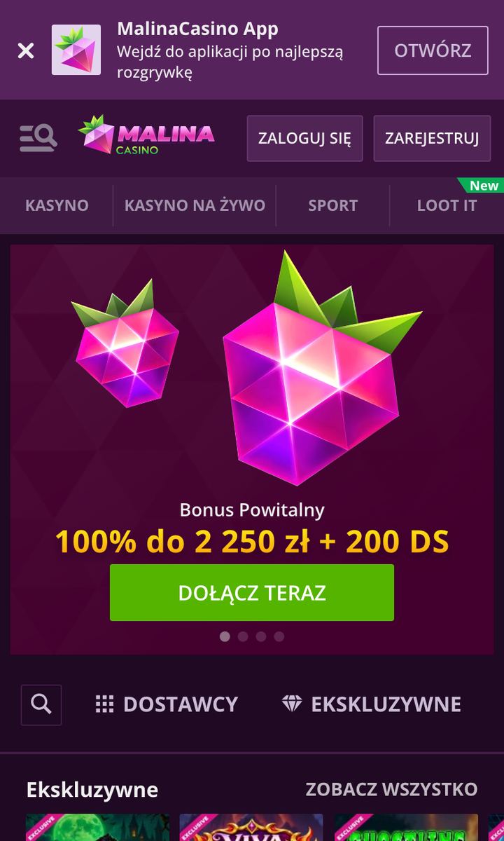 Malina Casino w przeglądarce telefonu: pasek MalinaCasino App z przyciskiem Otwórz, przyciski logowania i rejestracji, skróty do sekcji i baner bonusu 100% do 2 250 zł + 200 DS