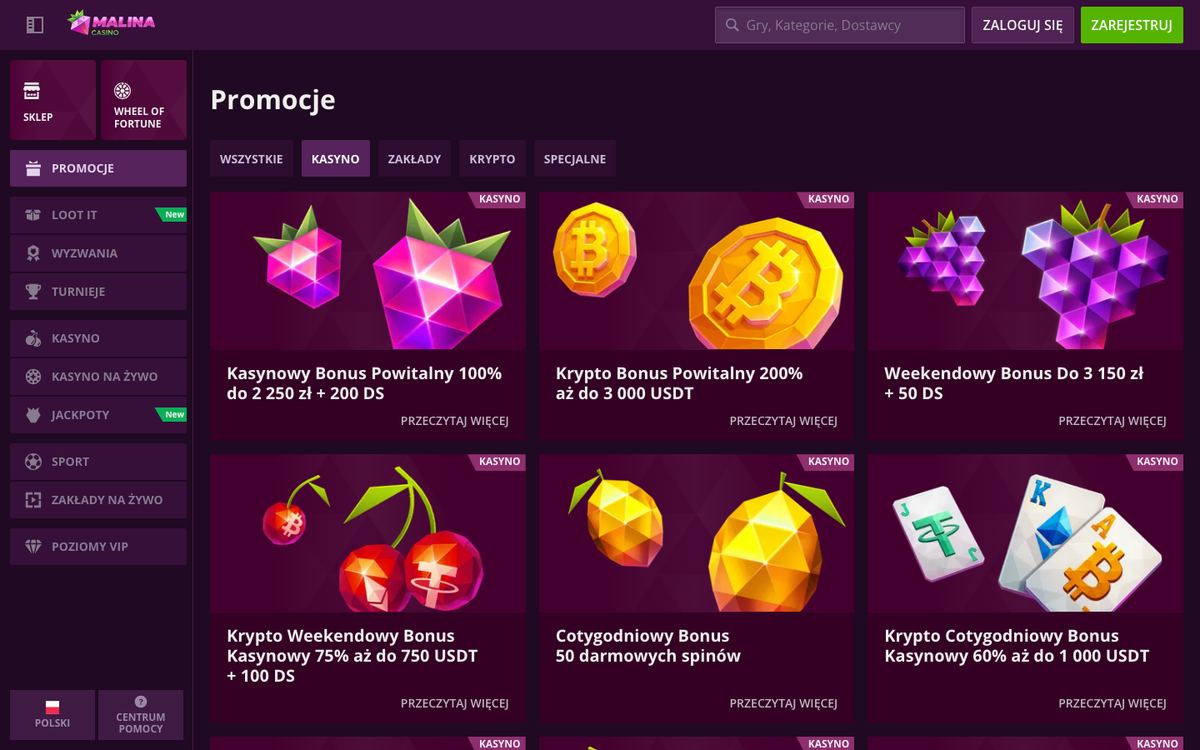 Lista promocji kasynowych Malina Casino: bonus powitalny 100% do 2 250 zł + 200 DS, krypto bonus 200% do 3 000 USDT, weekendowy do 3 150 zł + 50 DS i cotygodniowe 50 spinów