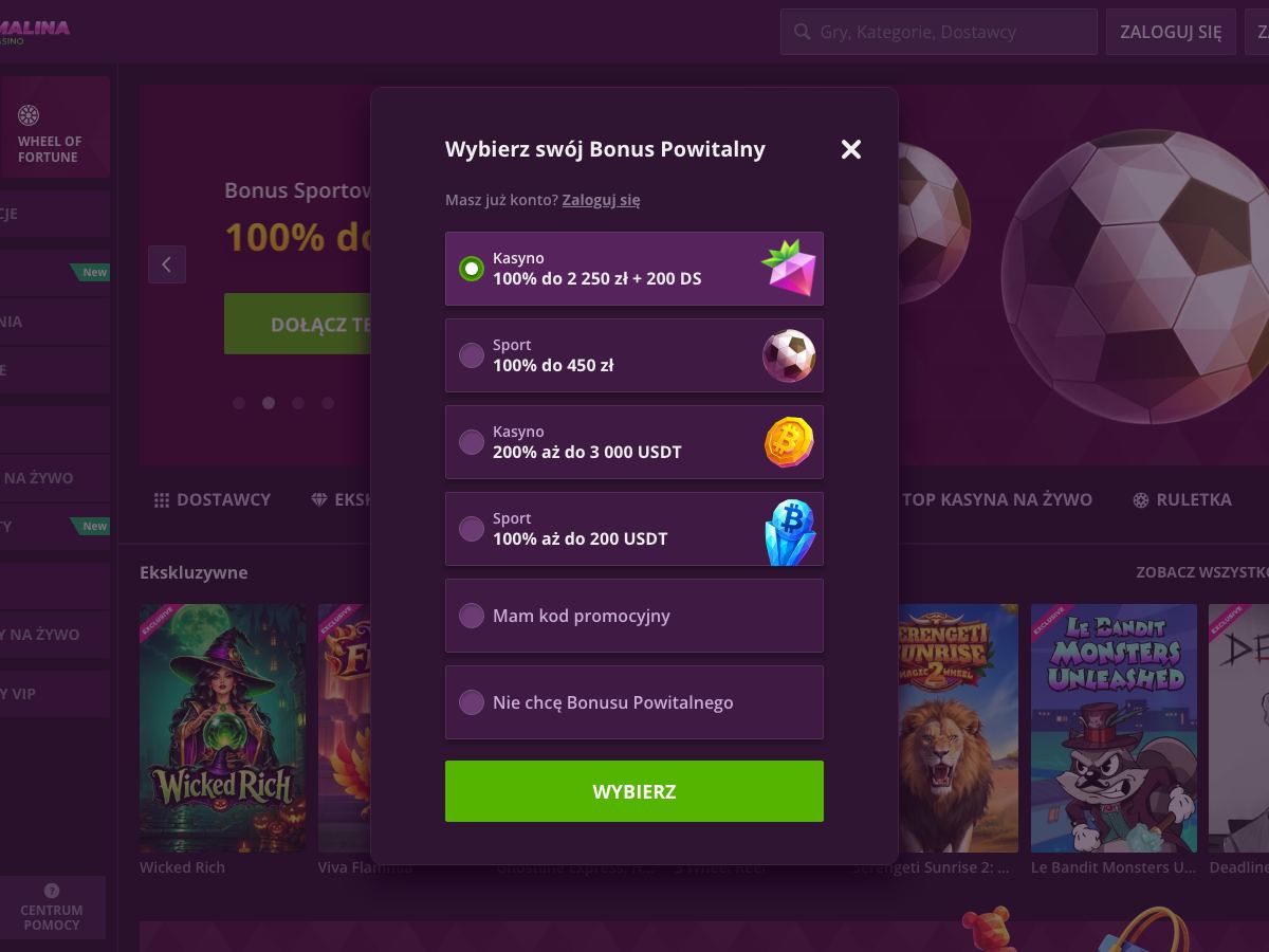 Okno Wybierz swój Bonus Powitalny w Malina Casino: kasyno 100% do 2 250 zł + 200 DS, sport 100% do 450 zł, oferty w USDT, kod promocyjny i rezygnacja z bonusu