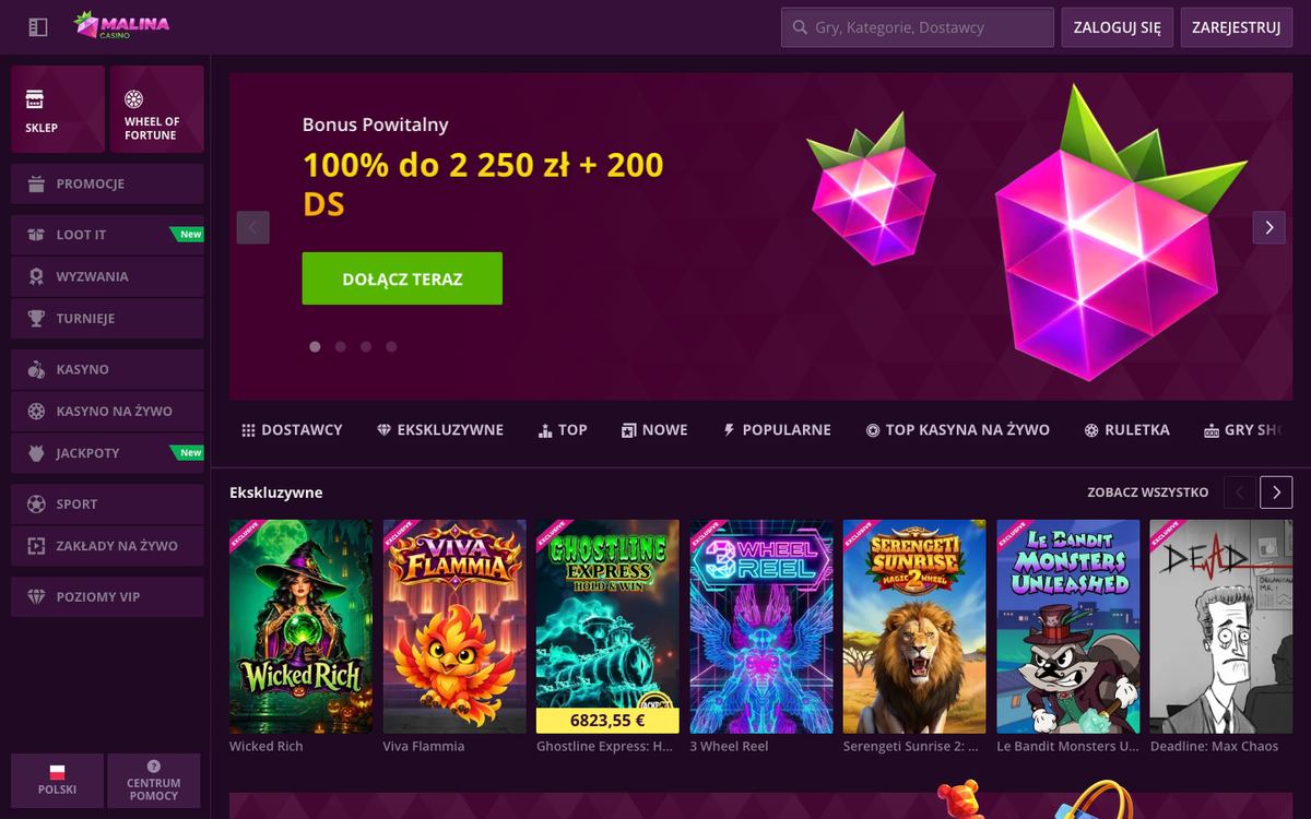 Strona główna Malina Casino: baner bonusu powitalnego 100% do 2 250 zł + 200 DS z przyciskiem Dołącz teraz, menu boczne z promocjami i rząd gier ekskluzywnych