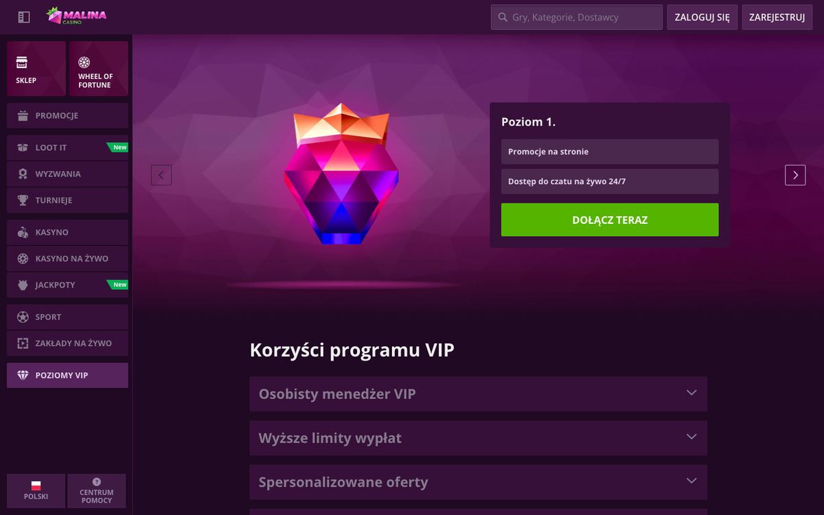 Strona Poziomy VIP w Malina Casino: karta poziomu 1 z promocjami i czatem 24/7 oraz rozwijana lista korzyści – menedżer VIP, wyższe limity wypłat, spersonalizowane oferty
