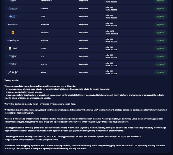 Strona Płatności Marvel Casino: zasady wypłat z limitami 4000, 10000 i 40000 PLN oraz minimalną wypłatą 120 PLN pod tabelą metod