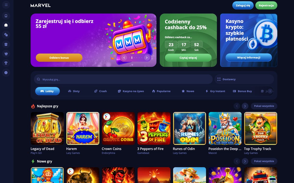 Strona główna Marvel Casino po polsku: baner bonusu 55 zł, cashback do 25% i lista gier w lobby