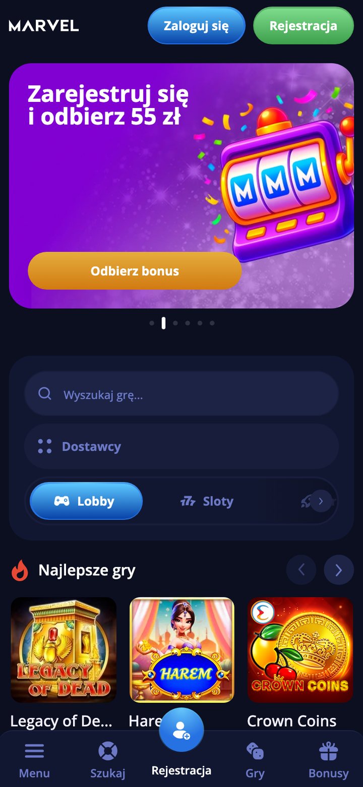 Wersja mobilna Marvel Casino na ekranie 390 px: baner bonusu, wyszukiwarka gier i dolne menu z przyciskiem rejestracji